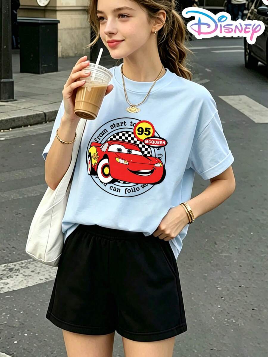 Summer Two-Piece Disney Cars Lightning McQueen Checkered Flag Y2K Pattern T-Shirt And Shorts Set. A Casual Holiday Outfit For Teenage Girls. Stylish Printed Top And Shorts. Perfect For Holiday Gifts. (Disney T-Shirt/Teen Girl Clothes/Tween Girl Clothes/Baby Tees For Women/Girls Clothes/Toddler Girl Clothes) - Màu xanh nhạt - Xem 1