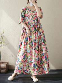 AZAH 2026 Plus Size Women's Summer Printed Long A-Line Dress, Short Batwing Sleeve Design, Round Neck, Woven Fabric, Dress Elegant Vacation Pink - Pink - View 1