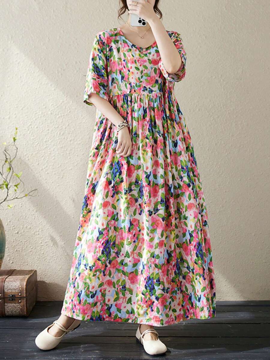 AZAH 2026 Plus Size Women's Summer Printed Long A-Line Dress, Short Batwing Sleeve Design, Round Neck, Woven Fabric, Dress Elegant Vacation Pink - Pink - View 1