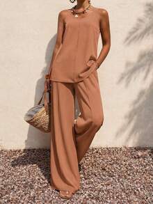 Women's Sleeveless Vest, High Waist Straight Wide Leg Trousers, Two Piece Set - Màu be - Xem 1