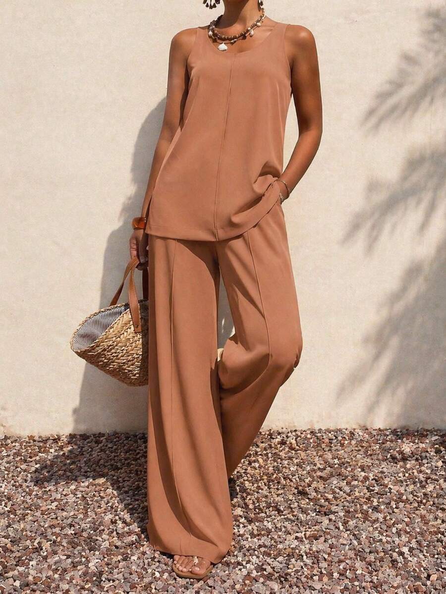 Women's Sleeveless Vest, High Waist Straight Wide Leg Trousers, Two Piece Set - Màu be - Xem 1