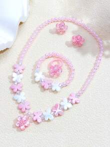 5pcs/Set Glitter Floral Beaded Jewelry Set Necklace Bracelet Ring Ear Clips Sweet Girl Dress Up Party Accessories Gift - one-size - View 11