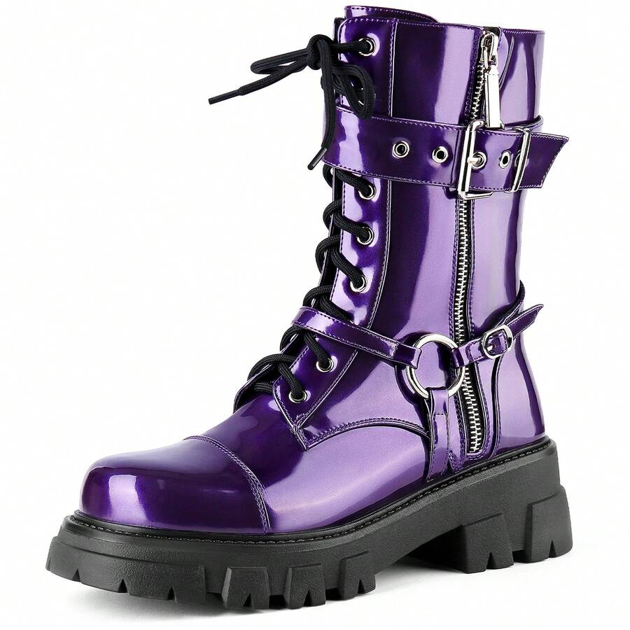 ElegaStep Punk Goth Y2K Lace Up Combat Boots Party Chunky Heel Steampunk Harness Motorcycle Biker Boots Mid Calf Lug Sole Side Zipper - Màu tím Violet - Xem 1