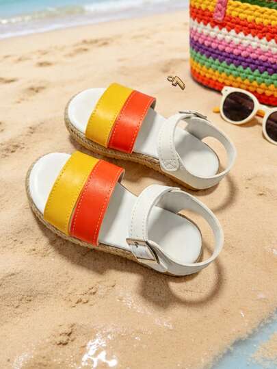 1 par de sandalias de moda para niños, sandalias de suela gruesa y coloridas para niñas, con suela trenzada naranja-amarilla y diseño de , suelas antideslizantes y resistentes al desgaste, adecuadas para salidas de verano, banquetes, reuniones, fiestas, vacaciones y ocio