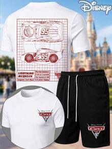Disney Cars Lightning McQueen Blueprint 2-Piece Outfit, Summer T-Shirt & Summer Shorts Set, Racing Specs Graphic, Casual Summer Matching Set For Fans - trắng - Xem 1