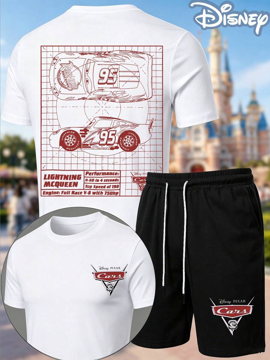 Disney Cars Lightning McQueen Blueprint 2-Piece Outfit, Summer T-Shirt & Summer Shorts Set, Racing Specs Graphic, Casual Summer Matching Set For Fans - trắng - Xem 1
