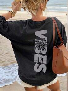 TopsWomen's Minimalist Coconut Tree Slogan Print Casual Round Neck Short Sleeve T-Shirt, Simple & Versatile, Suitable For Daily & Holiday Wear. Graphi - 黑色 - 查看 3