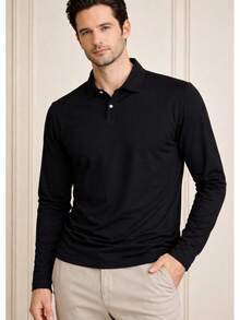 Men's Basic Plain Long-Sleeve Polo Shirt - 黑色 - 查看 1