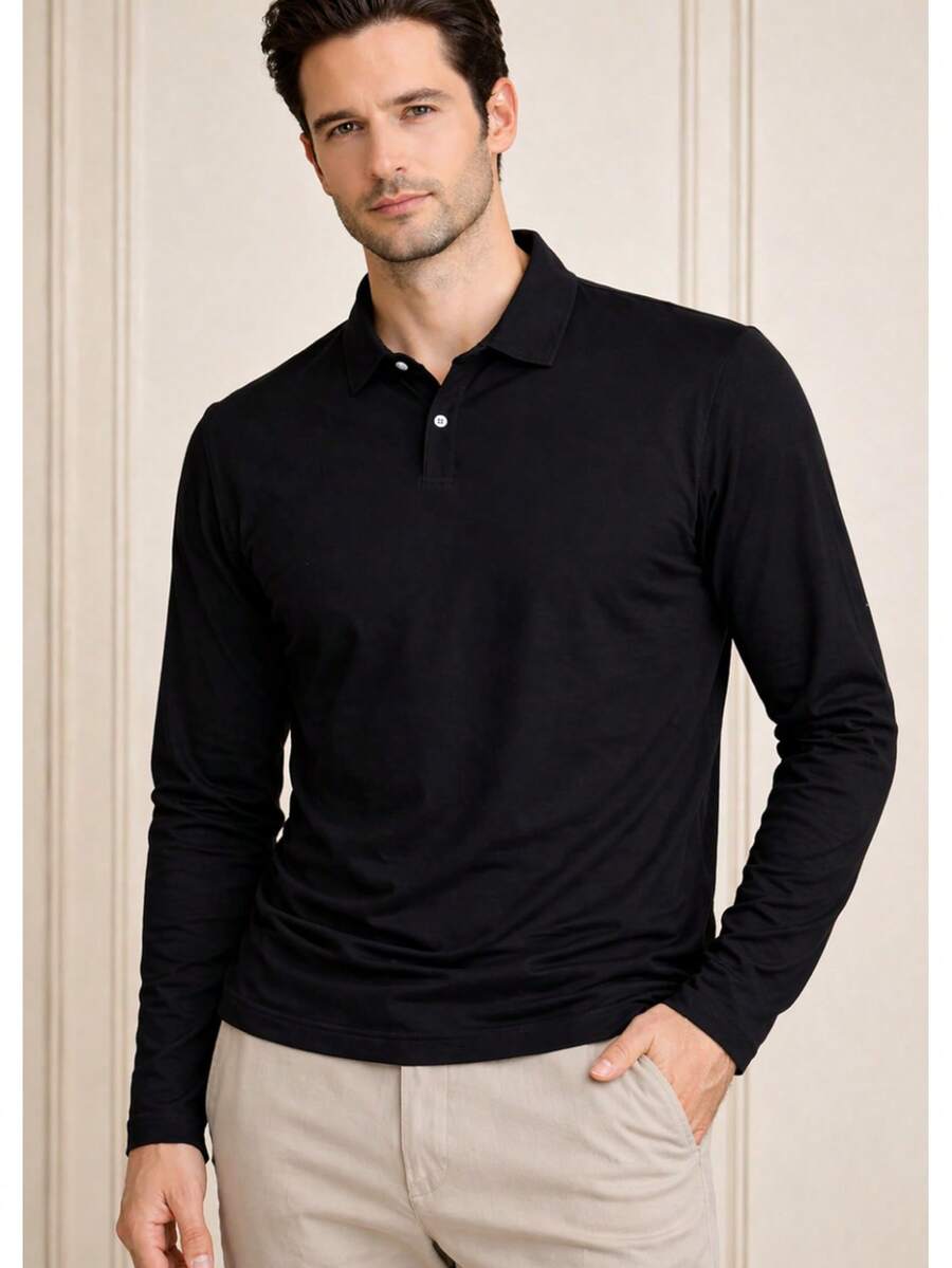 Men's Basic Plain Long-Sleeve Polo Shirt - 黑色 - 查看 1