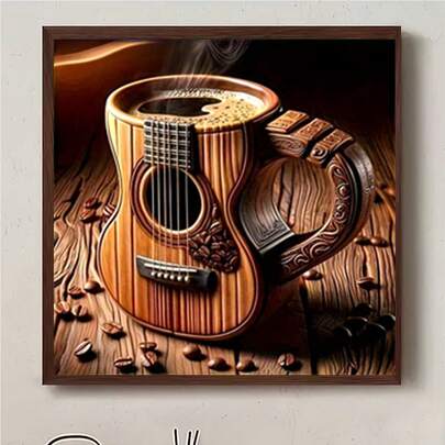 5D DIY Diamond Painting Kit With Guitar And Coffee Pattern, Diamond Art Supplies, Full Round Diamond Painting, Wall Decor Art For Home