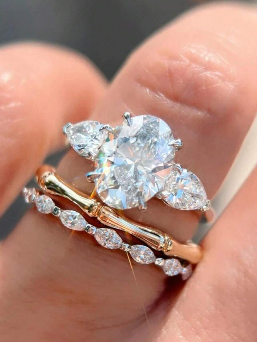 Bộ 3 nhẫn cưới nữ thanh lịch, tối giản, đính đá Cubic Zirconia trắng, món quà hoàn hảo cho Ngày Valentine và Giáng sinh. Vẻ đẹp vượt thời gian. - Nhiều màu - Xem 1