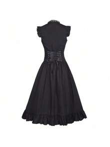 Victorian-Era Gothic Ruffled Dress, Plus Size, Stage Costume, Women's Outfit - 2023051401 Sleeveless Dress Red - View 3