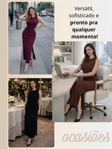 Women's Blogger Dress Long Scoop Neck Casual Pocket Side Slit Elegant Cotton - Rose - View 7