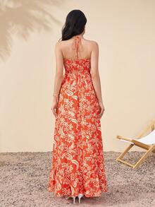PARTHEA Đầm maxi nữ in hoa, cổ yếm, khoét ngực phía trước, lưng nhún, kiểu dáng suông, thích hợp cho mùa hè đi biển, màu đỏ. - Đỏ - Xem 2