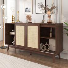 Sideboard With 3 Sliding Doors Made Of Genuine Rattan And 2 Drawers, 155x38x80 Cm, Breathable, Stable And Versatile - Wood - View 7