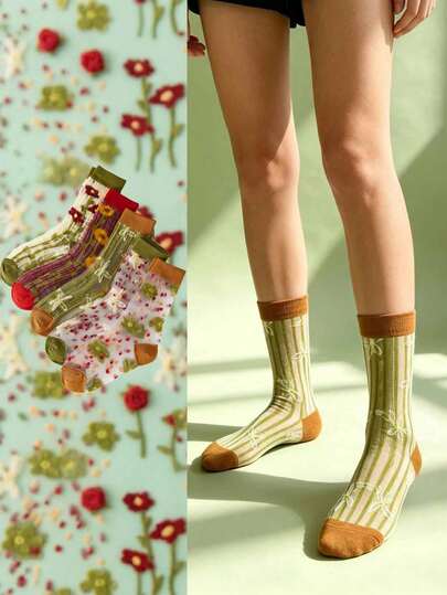 5 đôi tất nữ mùa hè siêu mỏng, họa tiết hoa, chất liệu lụa thủy tinh trong suốt, cao đến đầu gối, tất ren pha lê kiểu Hàn Quốc, tất Lolita.