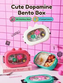 304 Stainless Steel Leakproof Bento Lunch Box, Double-Compartment Insulated Food Container With Cute Cat Ear Lid, Portable Kawaii Meal Prep Box For Office, School, Picnic & Daily Use, Cream White/Pink/Green - Multicolor - View 2