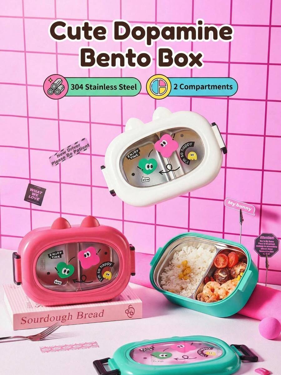 304 Stainless Steel Leakproof Bento Lunch Box, Double-Compartment Insulated Food Container With Cute Cat Ear Lid, Portable Kawaii Meal Prep Box For Office, School, Picnic & Daily Use, Cream White/Pink/Green