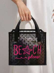 Bộ 2 túi xách tay lưới trong suốt màu đen hình trái tim, có chữ màu đỏ hồng "Beach Please", túi lưới, túi đựng mỹ phẩm trong suốt. - Nhiều màu - Xem 5