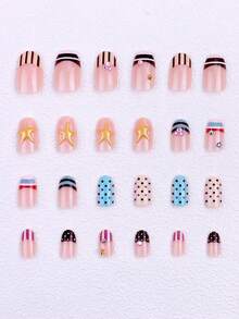 24pcs/Set Removable Striped, Polka Dot, Rhinestone Decorated Solid Color Oval Shaped False Nails, ABS Material Nail Stickers, Fashionable Manicure Art, Suitable For Party And Travel, Includes 1 Gel Polish And 1 Nail File - Multicolor - View 10