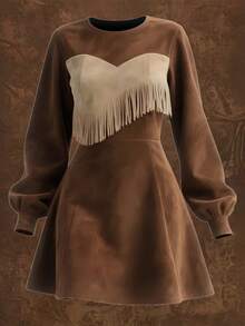 Vestido mini retro con mezcla de colores y flecos en cuero sintético - cuello redondo - Marrón oscuro - Ver 6