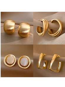 Set de 8 pendientes de metal elegantes y de alta gama con estilo retro de Hong Kong - Amarillo Oro - Ver 2