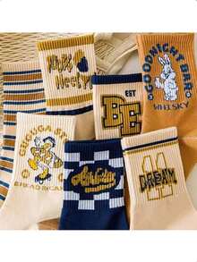 7pairs/set Women's Mid-length Socks With Stripes, American Collage Style, Street Style, Ins Fashion, Sailor Style - Multicolor - View 2