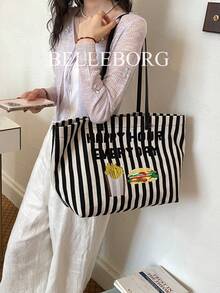 Striped Contrast Color Large Capacity Fashion Commuter Foldable Lightweight Canvas Versatile Women Shoulder Tote Bag - Black - View 2