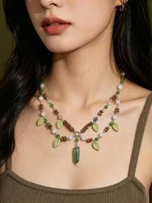1 Piece Stylish Luxury Green Bead Fairy Neck Strap Leaf With Floral Pattern Elegant Renaissance Holiday Party Banquet Holiday Gift Necklace - 綠色 - 查看 1