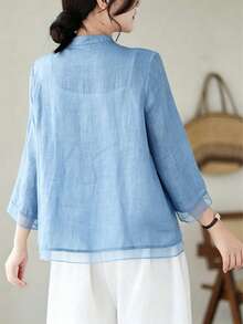 Loose Retro Chinese Style Three-Quarter Sleeve Patchwork Design Shirt Summer - Blue - View 2