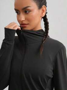 Chamarra de sol para mujer con protección UPF50+ chaqueta deportiva ultradelgada con capucha novedad primavera verano 2026 color negro manga larga con cierre de cremallera frontal tela transpirable anti-viento ideal para actividades al aire libre running gimnasio y uso diario - Negro - Ver 4
