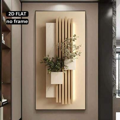 1pc Modern Wall Art Decor, Minimalist Design Style Faux Wood Plank And Marble Planter - Minimalist Home Decor Contemporary Style Canvas Art Print, Luxury Bedroom Design Print Home Art Decor Gift, Frameless