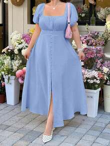 GalTyme Vestido de talla grande con textura trenzada de nudos de bambú - Celeste - Ver 4