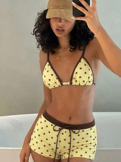 Bộ bikini 2 món dành cho nữ - Họa tiết ngôi sao với viền trơn, Áo hai dây cúp tam giác (điểm nhấn đính hạt), Quần short cạp cao, Đồ bơi mùa hè thanh lịch cho kỳ nghỉ biển