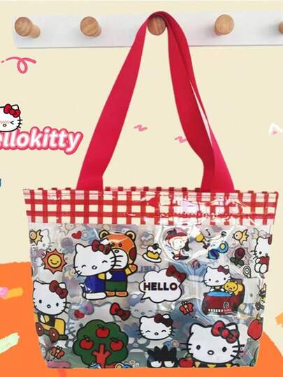 SANRIO 1pc Kitty Cat Printed PVC Transparent Tote Bag, Waterproof Cosmetic And Toiletry Storage Bag, Portable Travel And Beach Handbag