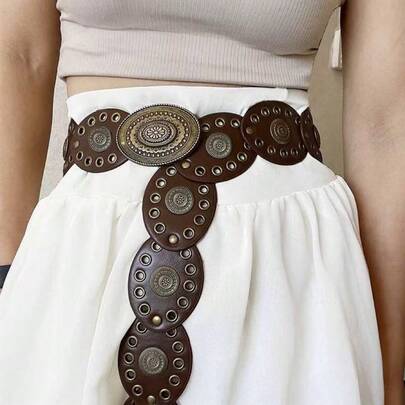1 pieza Cinturón de mujer estilo bohemio de cuero y metal vintage con parches de color marrón, adecuado para vestidos, vaqueros, festivales de música, atuendo de uso diario