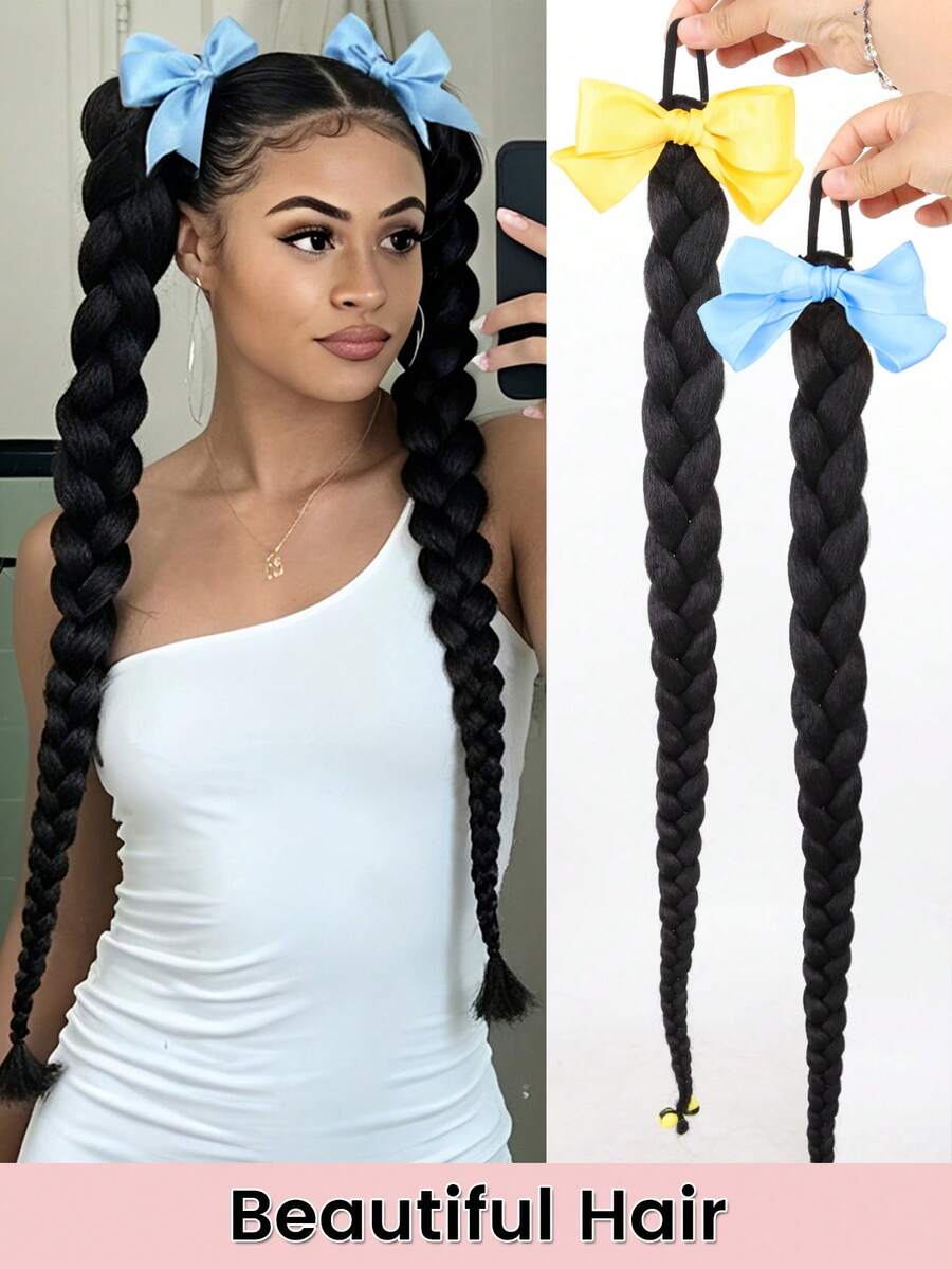 2条24英寸合成长发黄色和蓝色蝴蝶结编织马尾假发，带松紧带，适合女性日常和派对佩戴 - 彩色 - 查看 1