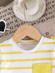2pcs Baby Girls' Summer Short Sleeve T-Shirt And Wide Leg Pants Set, White & Magenta Striped Top And Solid Color Loose Pants, Comfortable And Cute Outfit For Infant, Essential Summer Clothing - Yellow - View 3