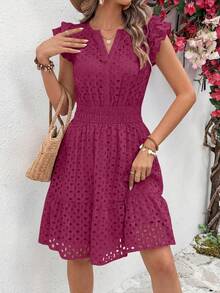 PRETTYGARDEN Women's Summer Dresses Eyelet Cap Sleeve V Neck Short Boho Wedding Guest Graduation Dress Beach Vacation Sundresses Dresses For Women - 酒紅色 - 查看 4