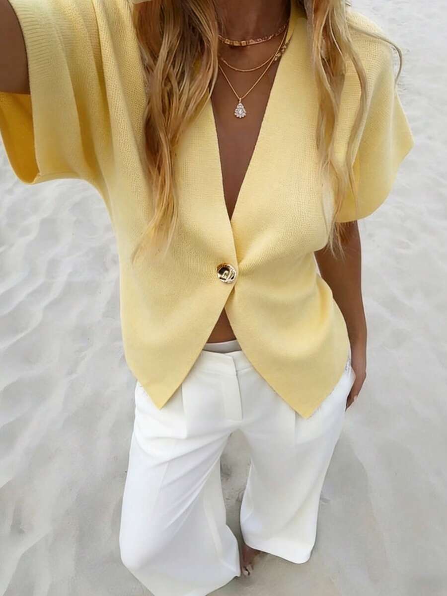 Spring/Summer Women's Fashion Elegant Urban Modern Casual Daily French V-Neck Single Button Short Sleeve Knit Cardigan, Pale Yellow Asymmetric Hem Cropped Knit Sweater, Women's Office Sweater, Women's Casual Top, Outing Outfit - Yellow - View 1