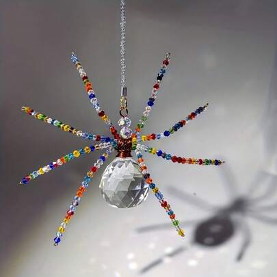 Crystal Spider Hanging Decoration, Beaded Spider Sun Catcher, Handmade Halloween Decoration, Prism Beaded Spider, Rainbow Window Hanging, Spring/Summer Witchcraft Gift