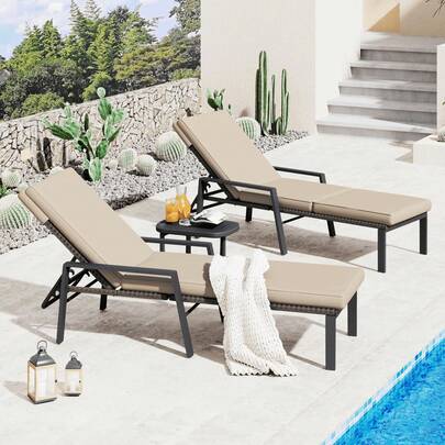  YODOLLA Adjustable Outdoor Rattan Chaise Lounge Chair, Weather Resistant Wicker Pool Lounger With Waterproof Cushion & Removable Wheels, Patio Garden Beach Backyard 2 Pack, Blue Loungers Set Of 2