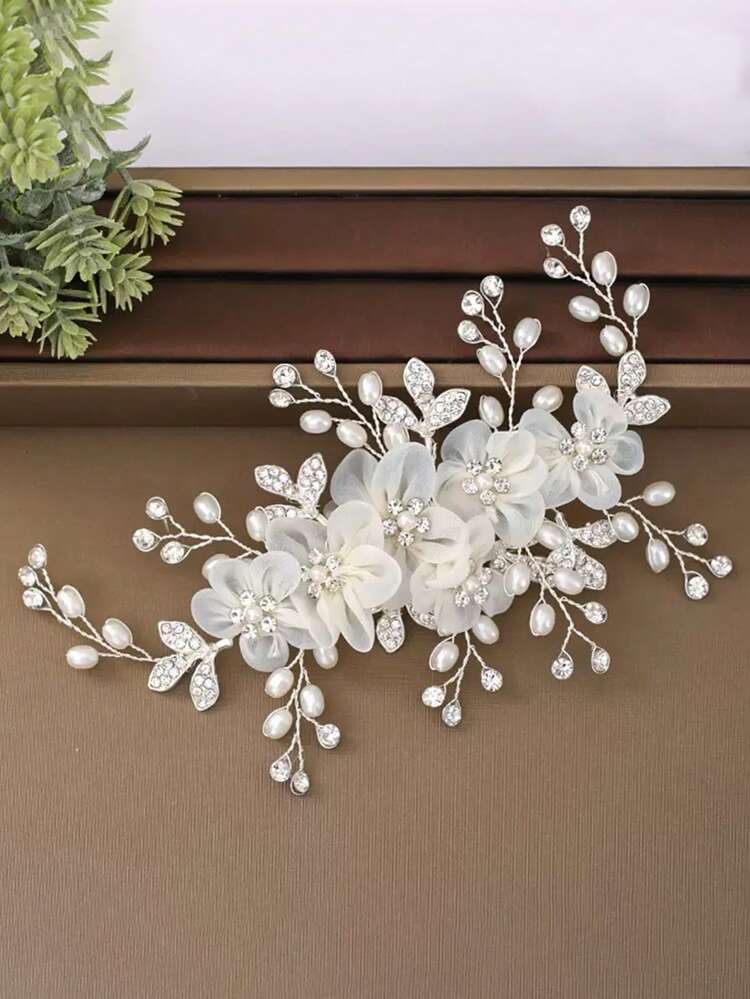 1pc Bride Wedding Hair Accessories Flower Gold Wire Hair Comb Insert Comb - Silver - View 1