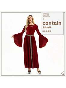 Halloween Costume Retro Courtyard Style Peasant Farmhouse Renaissance Dress Medieval Costume Outfit For Women - Burgundy Dress + Belt - View 1