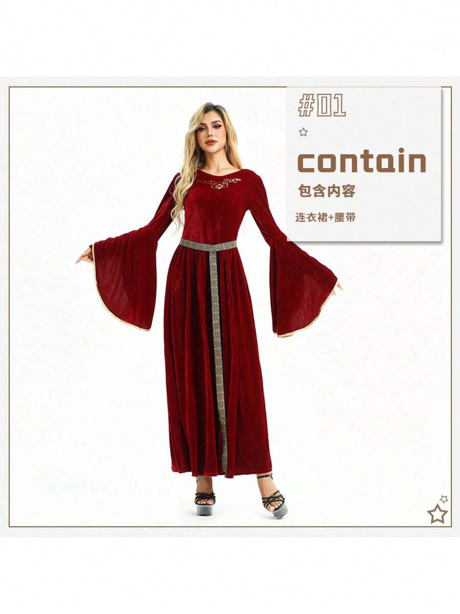 Halloween Costume Retro Courtyard Style Peasant Farmhouse Renaissance Dress Medieval Costume Outfit For Women - Burgundy Dress + Belt - View 1