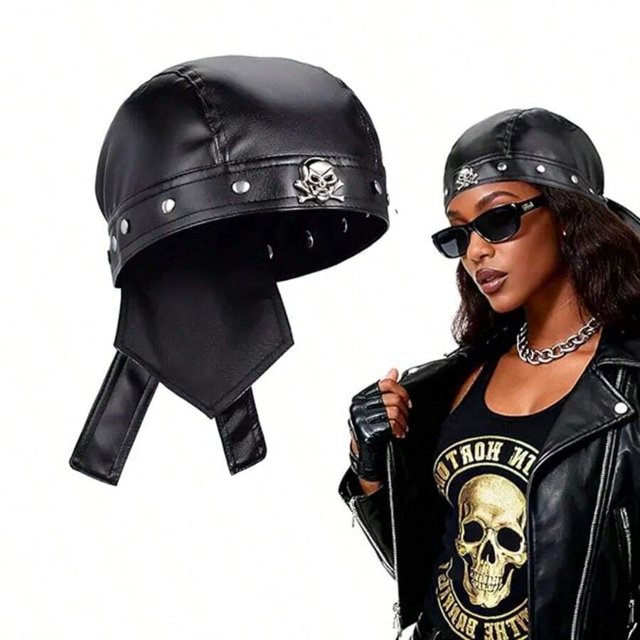 1pc Black PU Leather Metal Skull Pullover Brimless Pirate Hat, Outdoor Riding Motorcycle Cap, Holiday Party Stage Performance Costume Personalized Skull Hat,Halloween - Multicolor - View 1