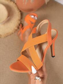 Fashionable Open Toe Women's Elegant Criss-Cross Elastic Band One-Strap High Heel Sandals For Summer Party And Occasions - Orange - View 6