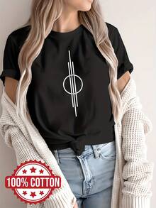 -Women's 180g Graphic Print Shirt - Artistic Design And White, Round Neck, Short Sleeves, Casual Top, Washable, -Women's Shirts, Everyday Top, Minimalist Design, Quality Seams, Printed T-Shirt, Women's, Weekend Style. - Black - View 2