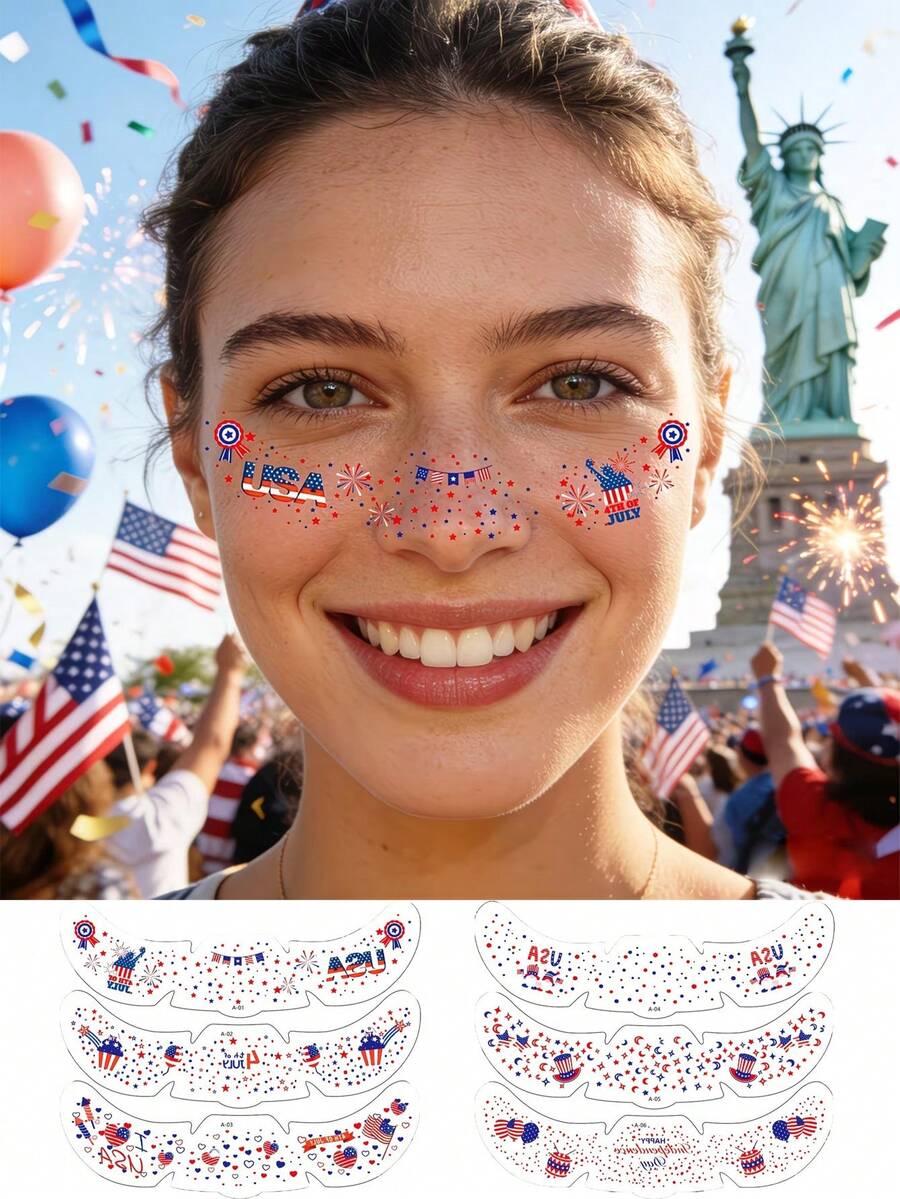 6pcs American Independence 250th Anniversary Face Tattoos, Red White Blue Party Favors - Multicolor - View 1