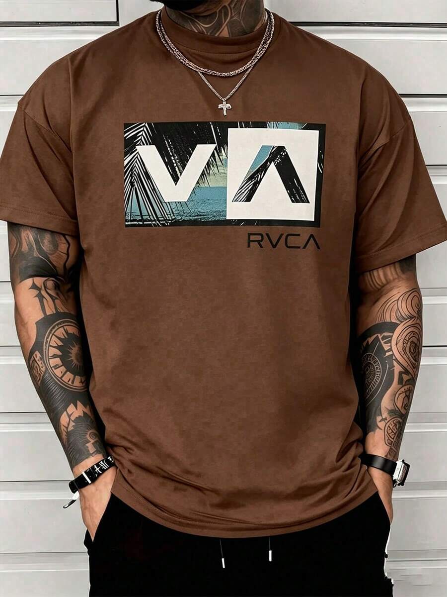 Men Red Crew Neck T-Shirt Tropical Palm Tree Ocean Graphic Box Print Short Sleeve West Coast Surf Casual Streetwear Tee - 深棕色 - 查看 1